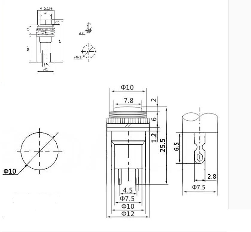 5pcs/lot 10mm DS-316 DS-314 Self-reset Push Button Switch Momentary 1A/125VAC 2PIN doorbell horn switch