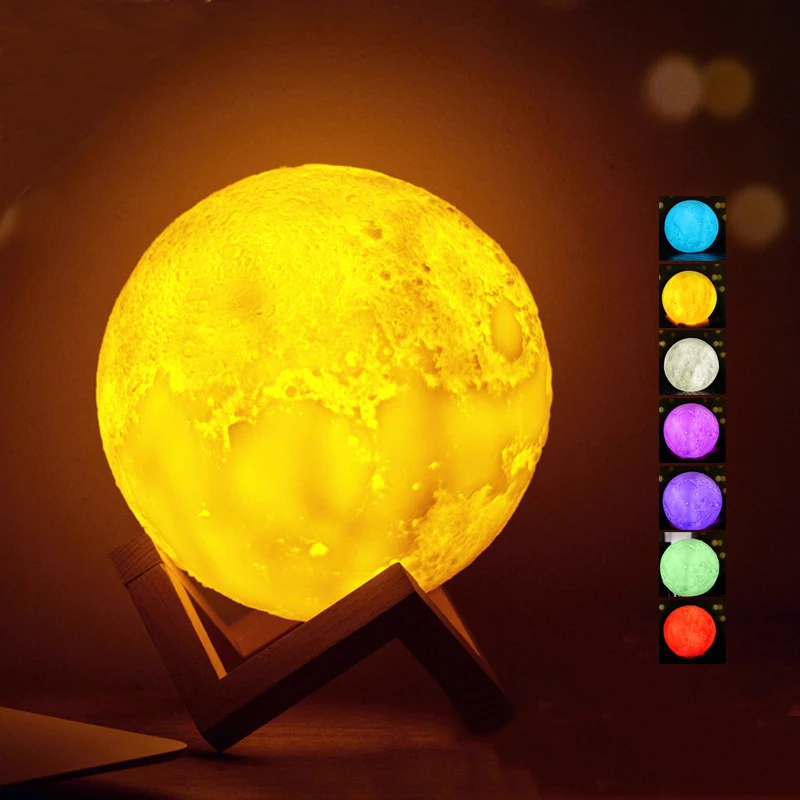 LED Night Light 3D Print Galaxy Moon Lamp 18cm Touch Rechargeable Color Change Tap Control Children\'s Lights for Bedroom Decor