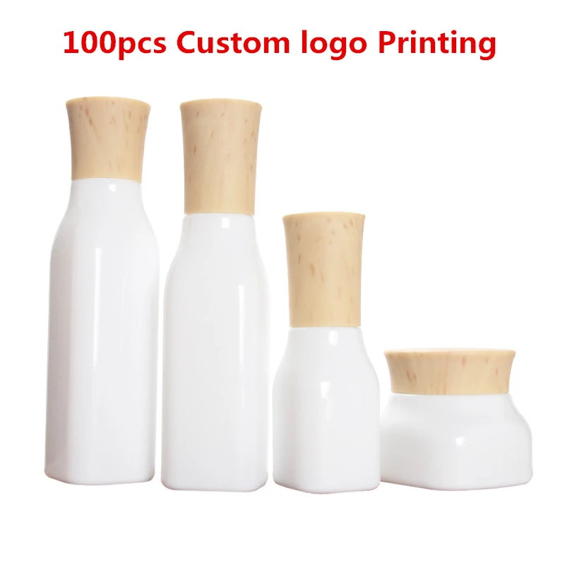 Custom Logo Printing White Square Glass Cosmetic Bottle Set 120ml 100ml 40ml 50g cream Container Perfume pump bottles Packaging