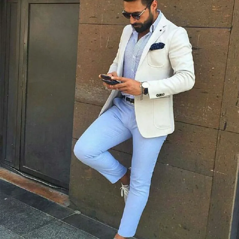 Summer Beach Casual Men Ivory Suits for Wedding Groom Tuxedo Blue Pants 2Piece Slim Fit Costume Homme Blazer Groomsmen Outfit