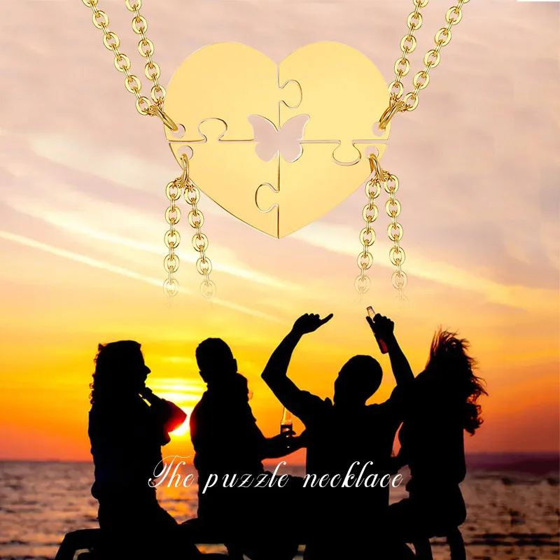 4 Pieces Puzzle Hert Necklace Pendant Cutsom Name ID Tags Friendship BFF Siser Brother Gift