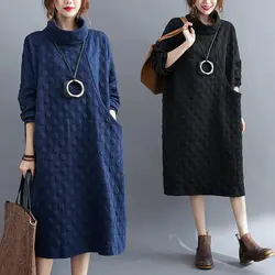 Women's Cotton Sweatshirt Dress Female High-Necked Autumn And Winter Loose Polka Dot Long Sleeve Dress Shirt y904
