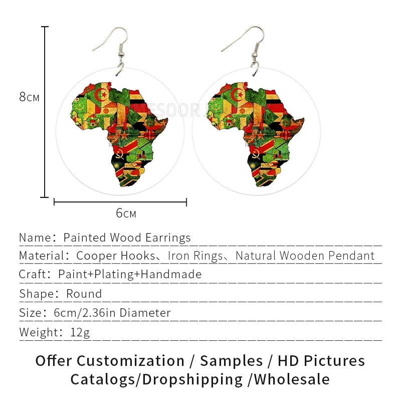 SOMESOOR Printed United Africa Countries Flags Wooden Drop Earrings Afro Black Rock Hiphop Wood Dangle For Women Christmas Gift