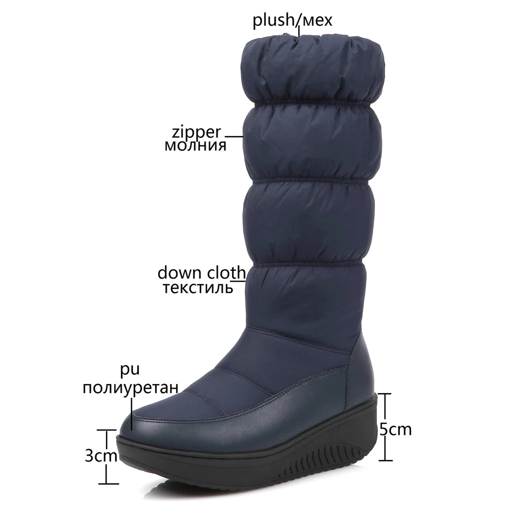 Fashion Women Winter Wedges Mid-calf Boots Waterproof Zipper Snow Boots Ladies Warm Footwear Platform Shoes Black Blue White