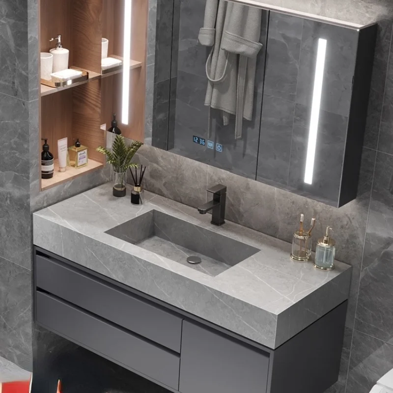 Customized Stone Plate One Bathroom Cabinet Combination Modern Simple and Light Luxury Bathroom Hand Washing Washbasin