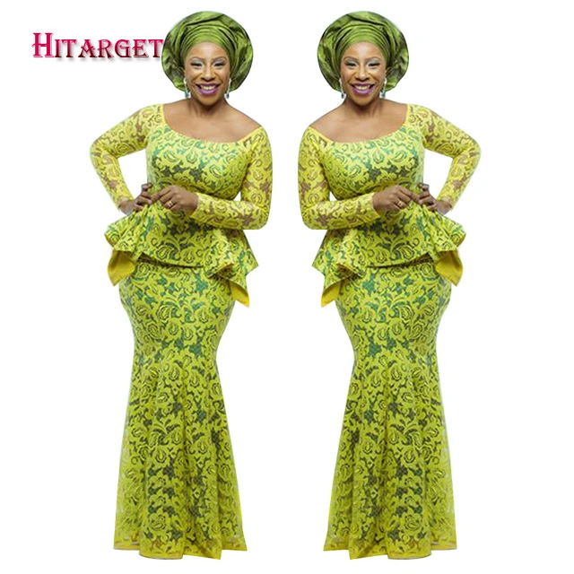 Afrika Dashiki Ankara dantel balmumu giyim afrika bask dantel ust ve bal k kuyru u etek ile kad nlar icin Set ba ortusu WY2427 AliExpress
