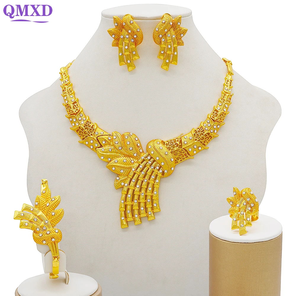 Gold Color Jewelry Sets For Women Necklace Earrings Dubai African Indian Bridal Accessory flowers Jewelry sets Necklace