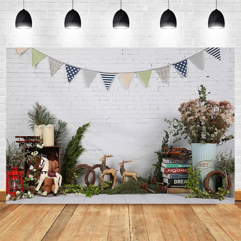 Spring Newborn Baby Shower Photography Background White Brick Wall Toy Bear Decoration Backdrop Chirldren Birthday Photo Studio