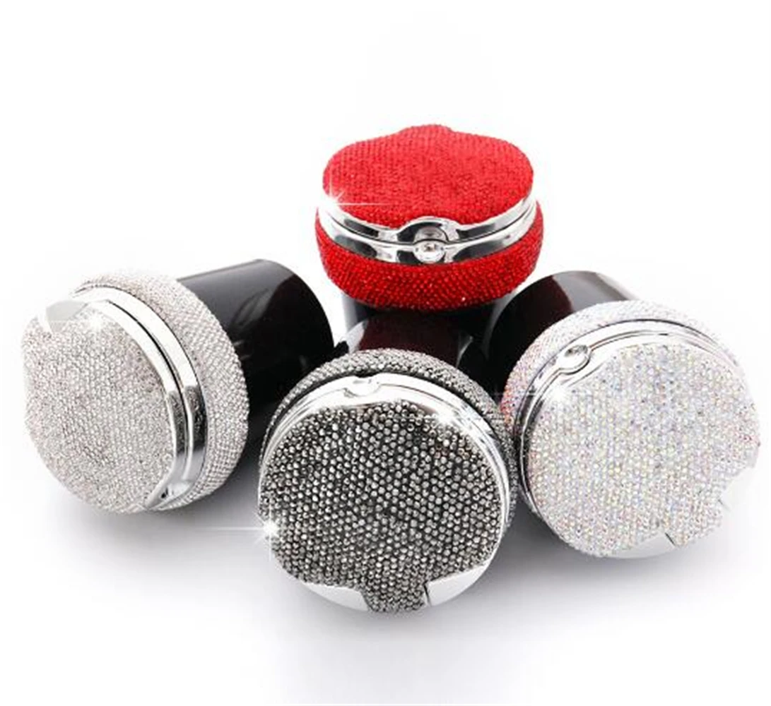 Rhinestones Portable Car Ashtray With Light Crystal Diamond Led Car Ash Tray Ashtray Storage Cup Holder Black For Girls Woman