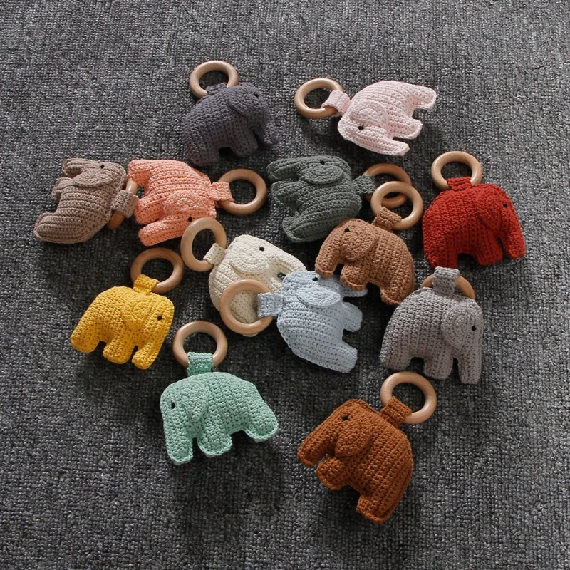 1pc Crochet Elephant Baby Teether BPA Free Beech Wood Teething Ring Newborn Soother Molar Toy Soothing Sensory Educational Toys