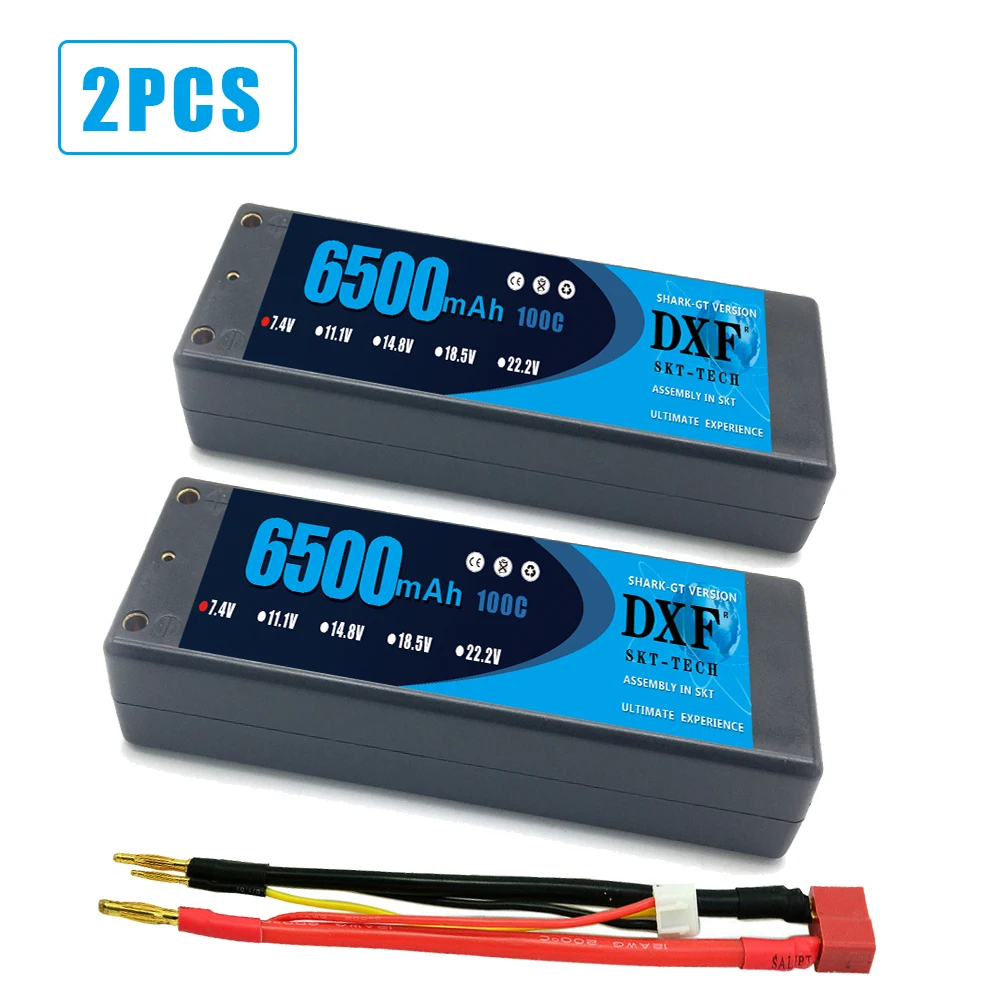 Batteria 2 pezzi DXF Lipo 2S 7.4V 8400mah 6500mah 5200mah 120C 100C 100C con custodia rigida 4mm per RC Evader BX Car Truck Truggy Buggy