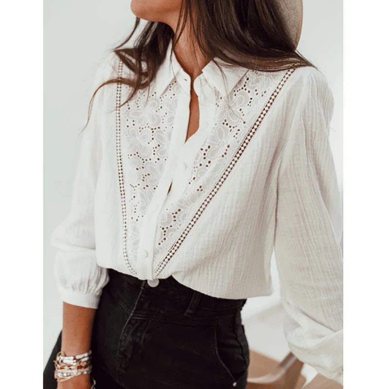 Ardm Vintage Embroidery White Blouses Lace Long Sleeve V Neck Korean Fashion Blouses Femme Spring 2021 Chic Tops Casual Shirt