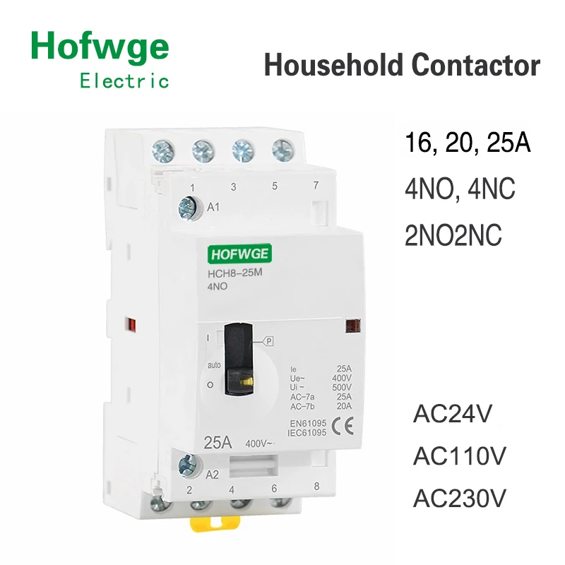 HCH8-25M 4P 16A 20A 25A 24V 110V 220V Din Rail Household AC Modular Contactor With Manual Control Switch 4NO 2NO2NC or 4NC