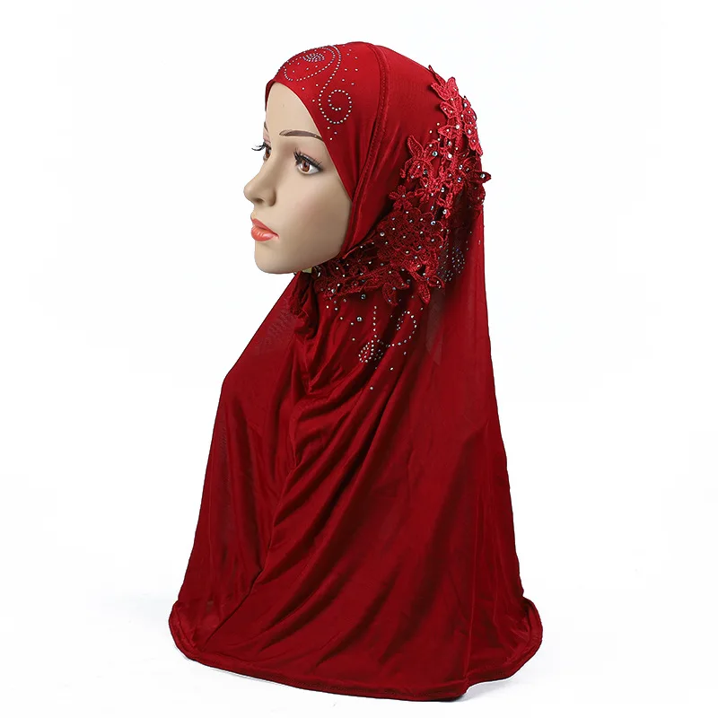 Full Cover Women Girls Flower Hijab Instant Scarf Muslim Diamonds Headscarf Turban One Piece Amira Wrap Rull On Ready Shawls Cap