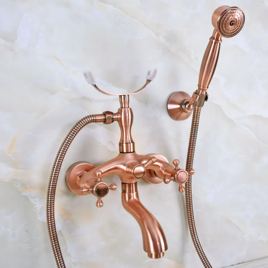 

Bathtub Faucets Antique Red Copper Bathroom Faucet Mixer Tap Wall Mounted Hand Held Shower Head Kit Shower Faucet Sets zna369