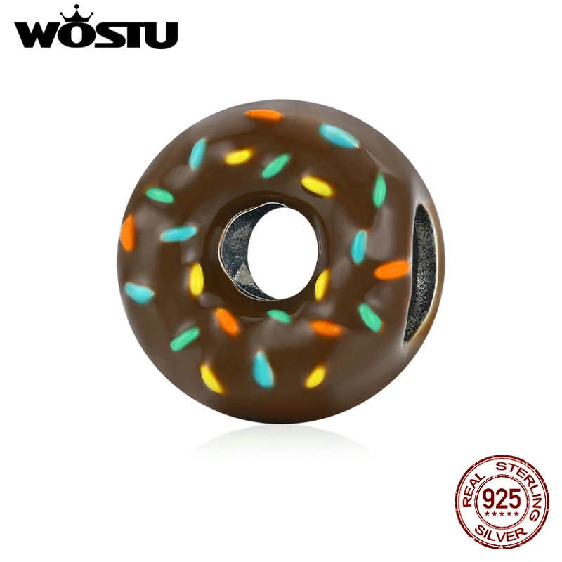 WOSTU 925 Sterling Silver Charm Rainbow Donut Bead Colorful Chocolate Pendant Fit Original Bracelet Necklace DIY Jewelry CQC1820