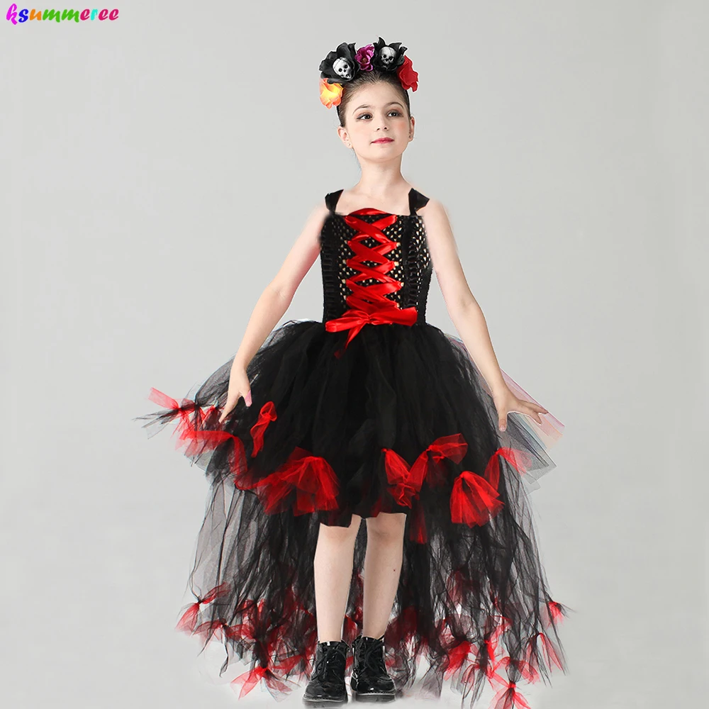 Day of the Dead Sugar Skull Girls Tutu Dress with Headband Gothic Zombie Halloween Carnival Party Ball Gown Kids Fancy Costume