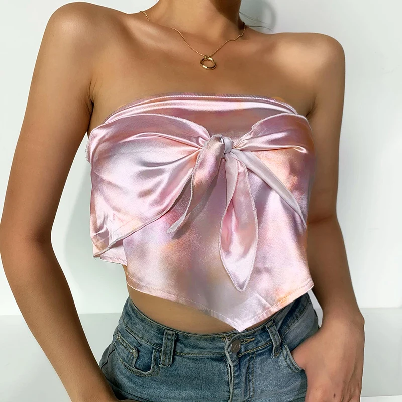 Women Tank shirt Top Seamless Strapless Off Shoulder Tube Tops Female Crop Tops Bow Knot Silk Stain Bottoming Camisole Femme hot