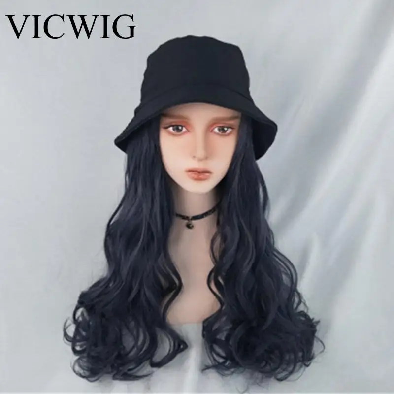 

Women Wig Hat Haze Blue Big Wavy Long Hair Fisherman Hat Wig One Synthetic Hair