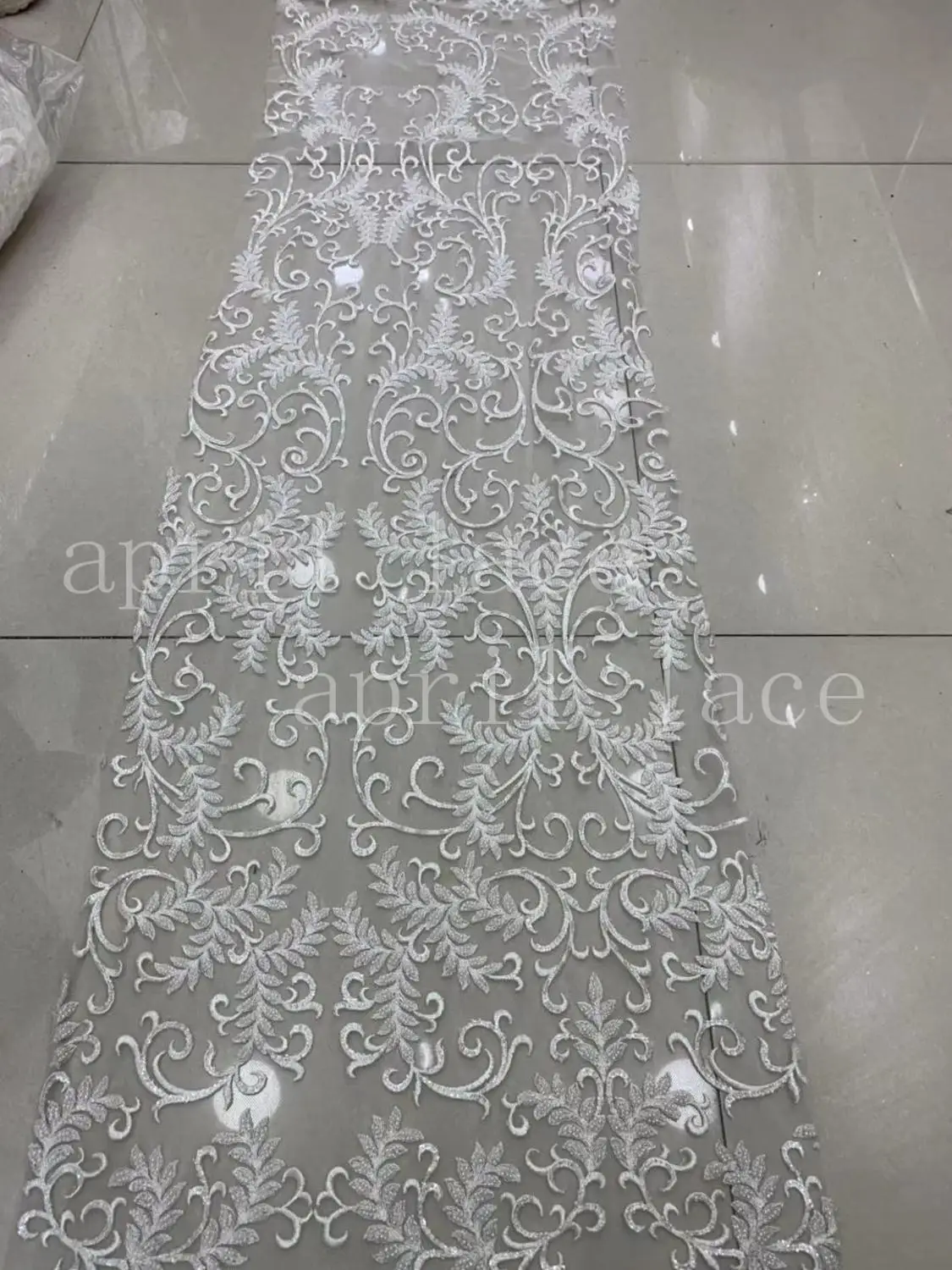 po002 good quality luxury ivory beads sequin  5 yards/bag tulle  fabric for sawing dress /fashion show / wedding/party