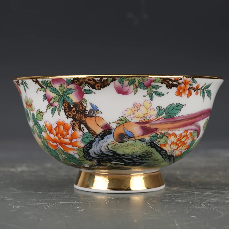 Qing Dynasty Yongzheng Enamel Golden Pheasant Peony Bowl Antique Porcelain Collection