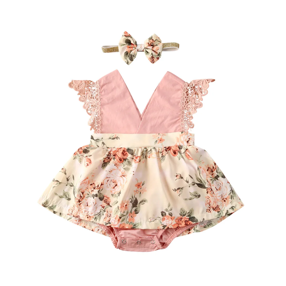 

Girl Princess Clothes Baby Romper Girls Floral Lace V Neck Sleeveless Pink Jumpsuit Newborn Headband Kid Outfits Summer Clothing