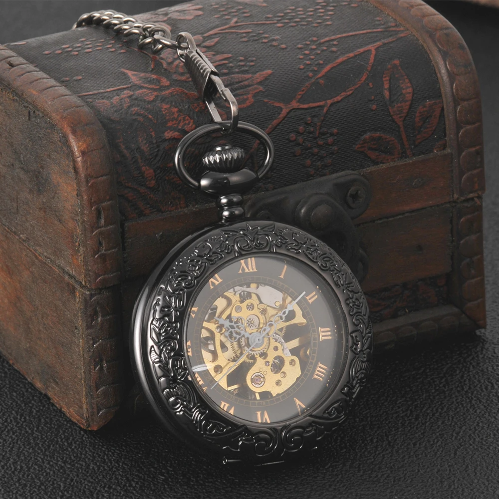 8942Black mechanical Roman scale carved large mechanical pocket watch