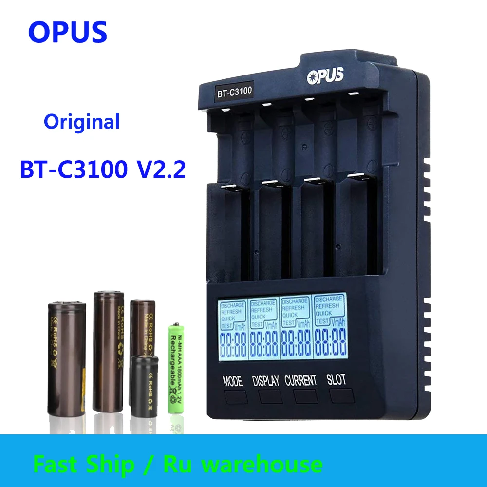 Original OPUS BT-C3100 V2.2 Digital 4 Slots LCD Battery Charger For Li-ion NiMH NiCd AAA AA 18650 21700 17500 LiFePO4 battery