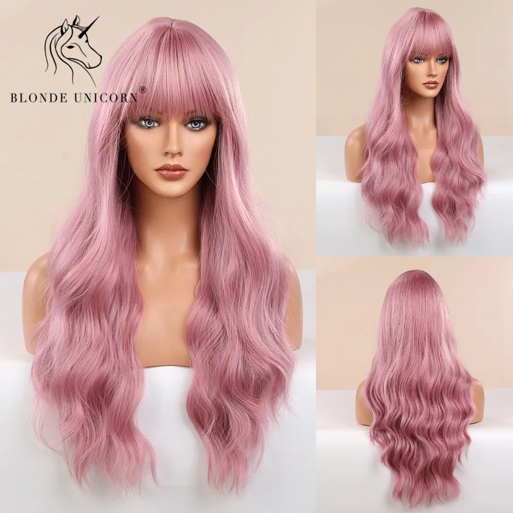 Pelucas de pelo sintético rubio y unicornio para mujer, con flequillo cabello Natural, fibra resistente al calor, largo ondulado, Ombre, gris, blanco y negro