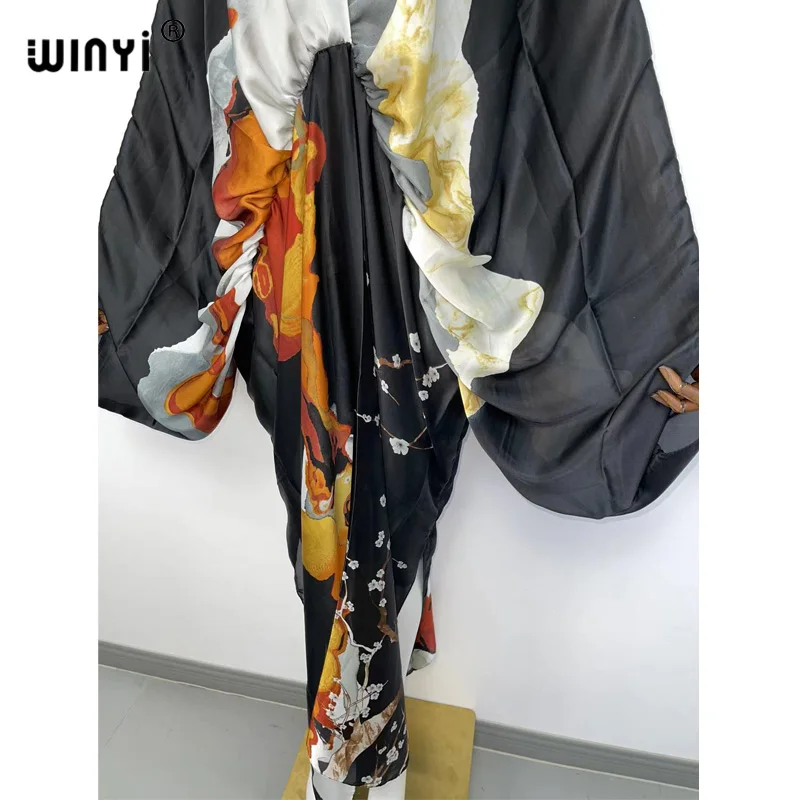 Sexy Beach High-Quality Hand-Rolled Feel Silk Rayon Fashion Print 2021 WINYI Maxi Women's Robes Long Beach V-Neck Bohemian Dress