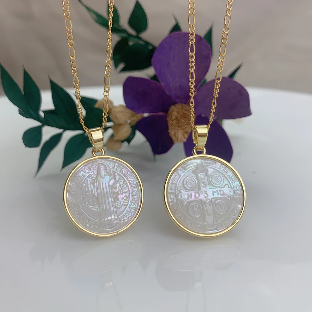 Sacred Holy Bible Cross Saint Benedict Virgin Mary Guadalupe Choker Necklace For Women MOP Pearl Shell Religious Pendant Jewelry