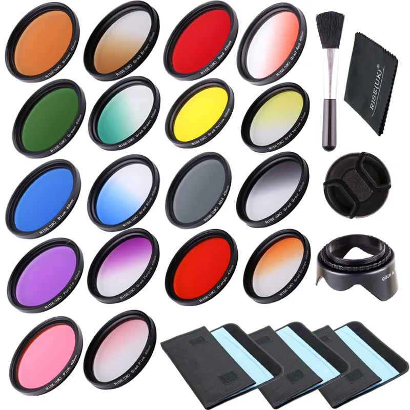 18PCS 49/52/55/58/62/67/72/77/82mm(Orange Blue Grey Red Green Yellow Pink Purple Brown) Gradient/Full Colour Filter