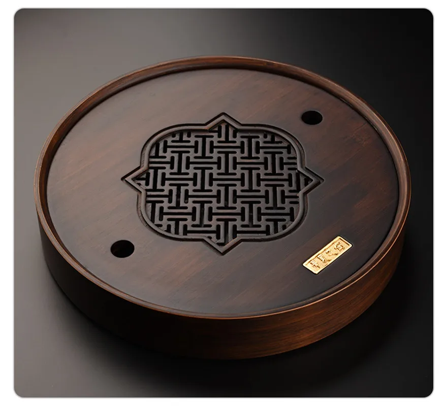 Round BambooTea Tray Water Storage Chinese Tea Borad Kung Fu Tea Set tea Table Retro Window Grille Design