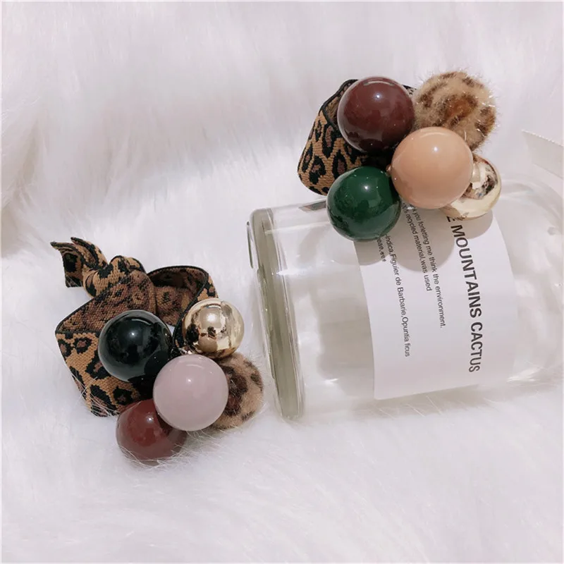 Leopard Elastic Hair Bands Ponytail Holder Scrunchies Big Pearls Beads Rubber Resin Balls Band Headband Lady Hair Accessories