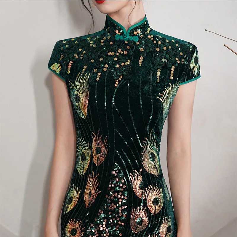 Elegant Lady Sequins Qipao Sexy Cheongsam Classic Mandarin Collar Chinese Dress Velvet Size 5XL Evening Party Vestidos