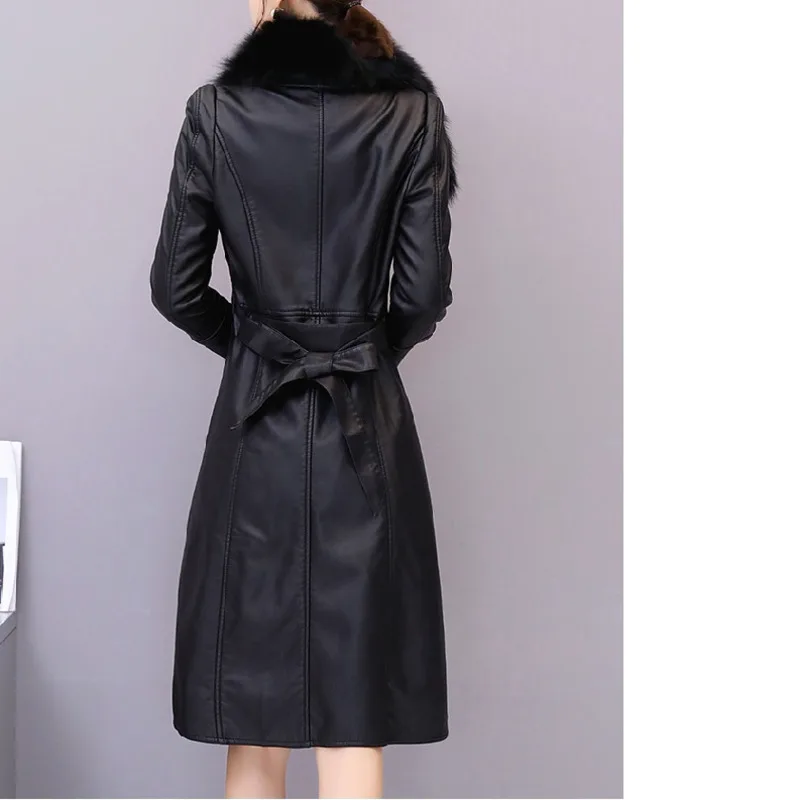 Winter Women Elegant Slim Long PU Leather Jacket Female Warm Artifical Fur Collar Manteau Femme Hiver Chaqueta Cuero Mujer Coat