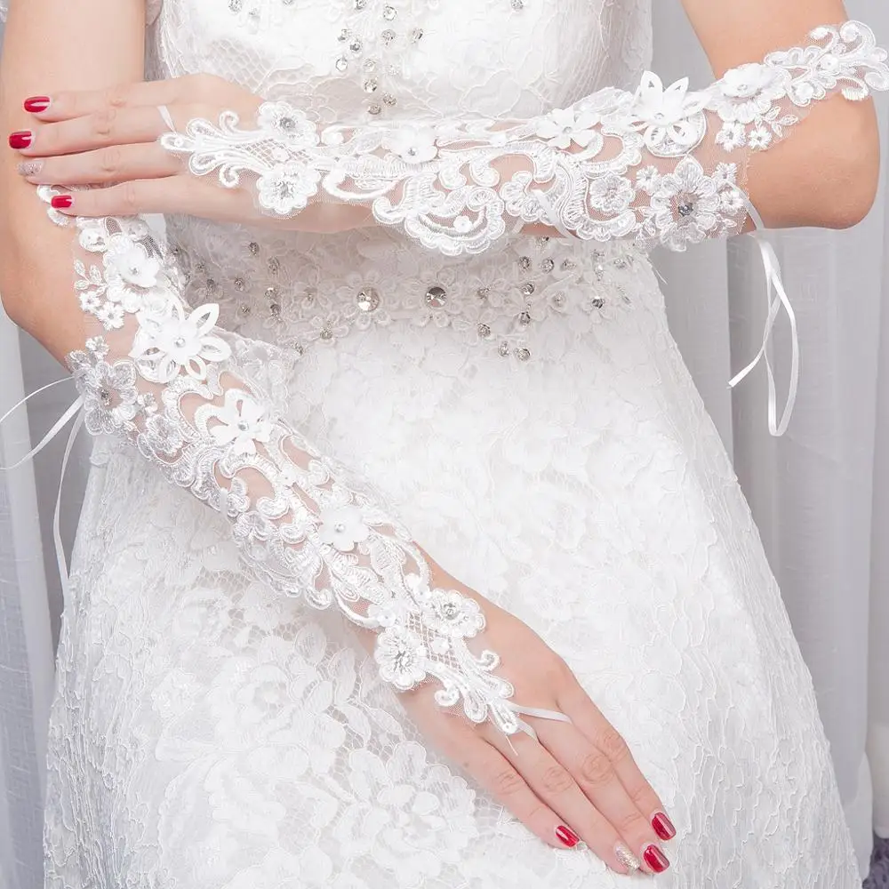 JaneVini Elegante Frauen Weiß Spitze Hochzeit Handschuhe Finger Ellenbogen Länge Appliques Perlen Lange Braut Party Hochzeit Zubehör