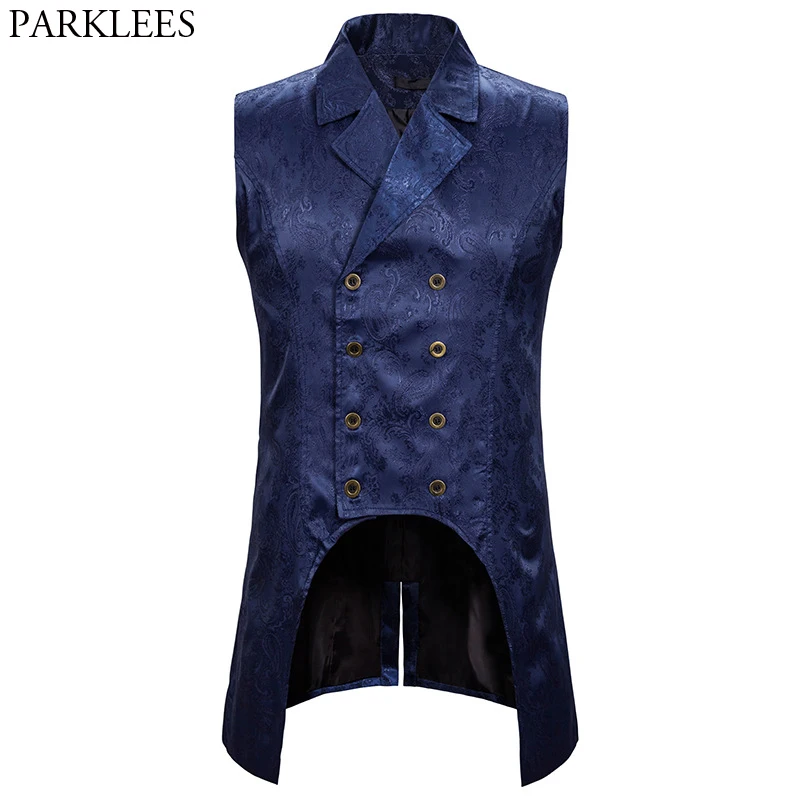 Mens Paisley Jacquard Steampunk Vest Double Breasted Brocade Waistcoat Men Wedding Prom Stage Tuxedo Vests Male Gilet Homme 2XL