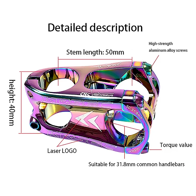 KRSEC Mountain Bike Stem Cycling Aluminum Handlebars CNC Bicycle Stem MTB Cross Country Road Bike Accessories 31.8 * 28.6 * 50mm