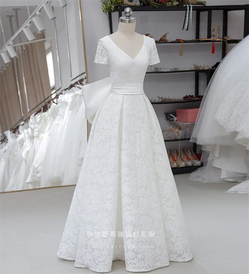 A-Line Floor Length V-Neck Lace Bow Back Wedding Dress 2021 Elegant Short  Sleeve Bridal Gowns vestidos de mairee Wedding