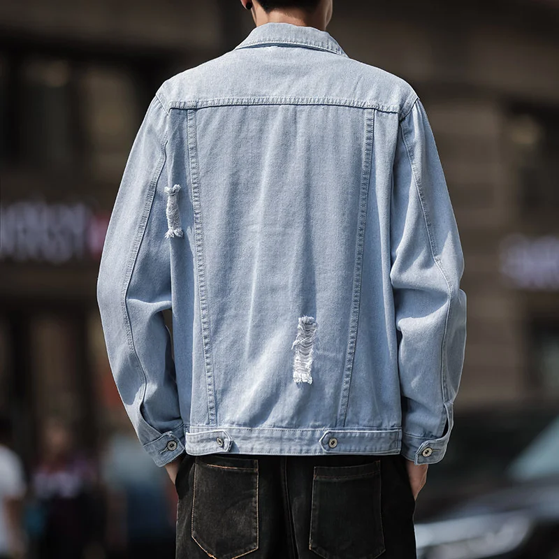 Nieuwe Katoenen Denim Jas Mannen Dagelijks Toevallige Gat Kleine Verse Revers Enkele Breasted Herfst Persoonlijkheid Ademend Slim Fit Kwaliteit