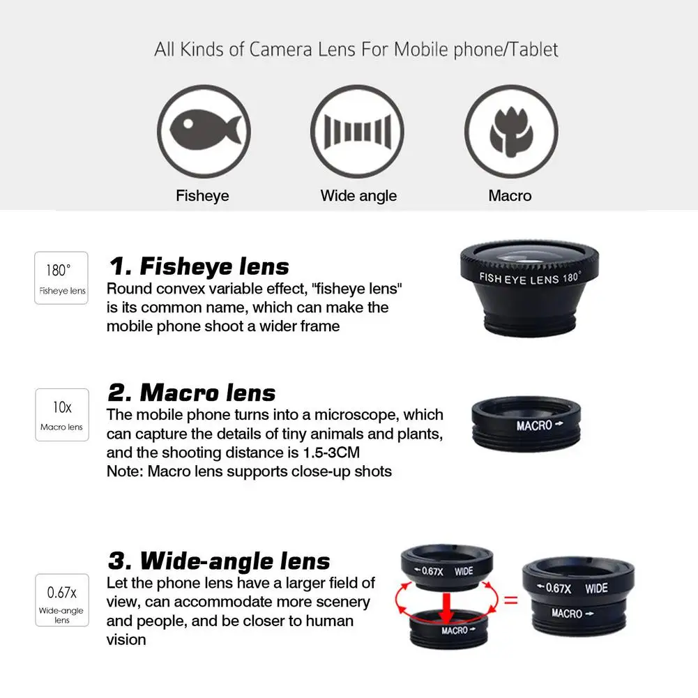 유니버설 3 In 1 전화 카메라 렌즈 키트 피쉬 아이 렌즈 와이드 앵글 매크로 어안 렌즈 줌 Xiaomi Huawei 스마트 폰용 Iphone 용