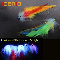 ICERIO 1PC 3D Fish Eyes Rooster Feather Streamer Tying On Barbed Hook Saltwater Flies Pike Bass Fishing Fly Lure Baits 2/0#