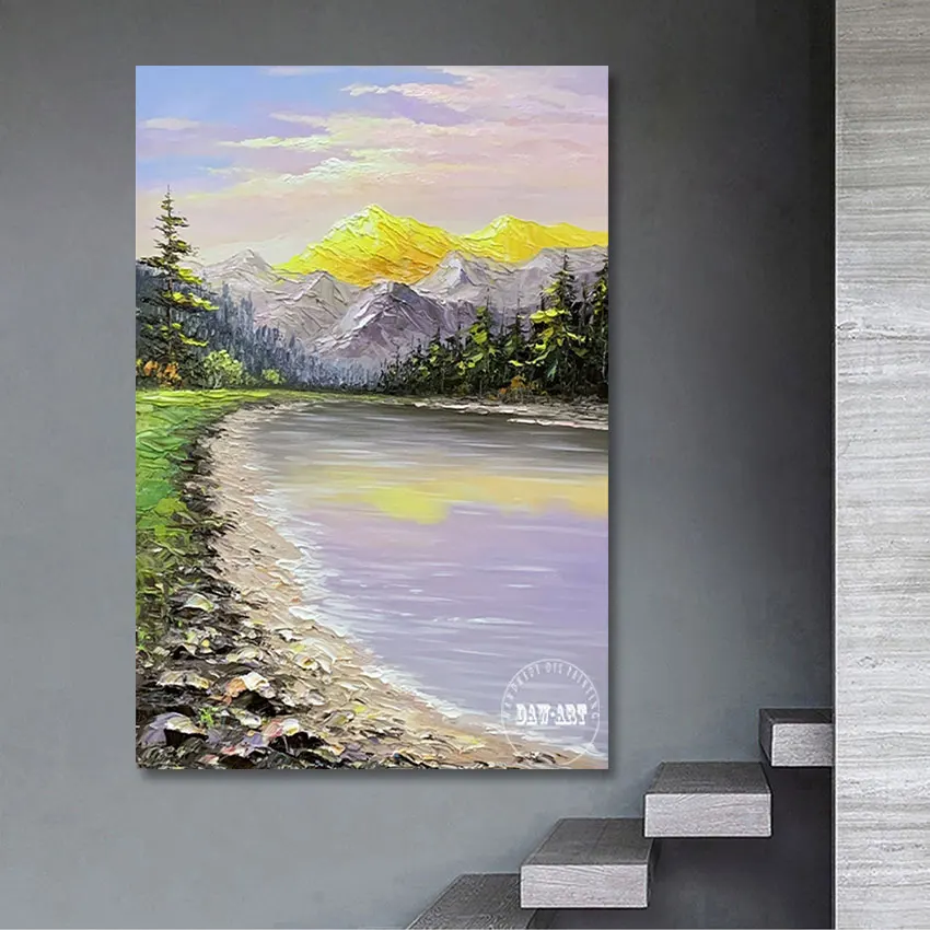 

High Quality Abstract Oil Painting Handmade Artwork Mountain Lake Painting Office Decoration Wall Art Unframed Free Shipping