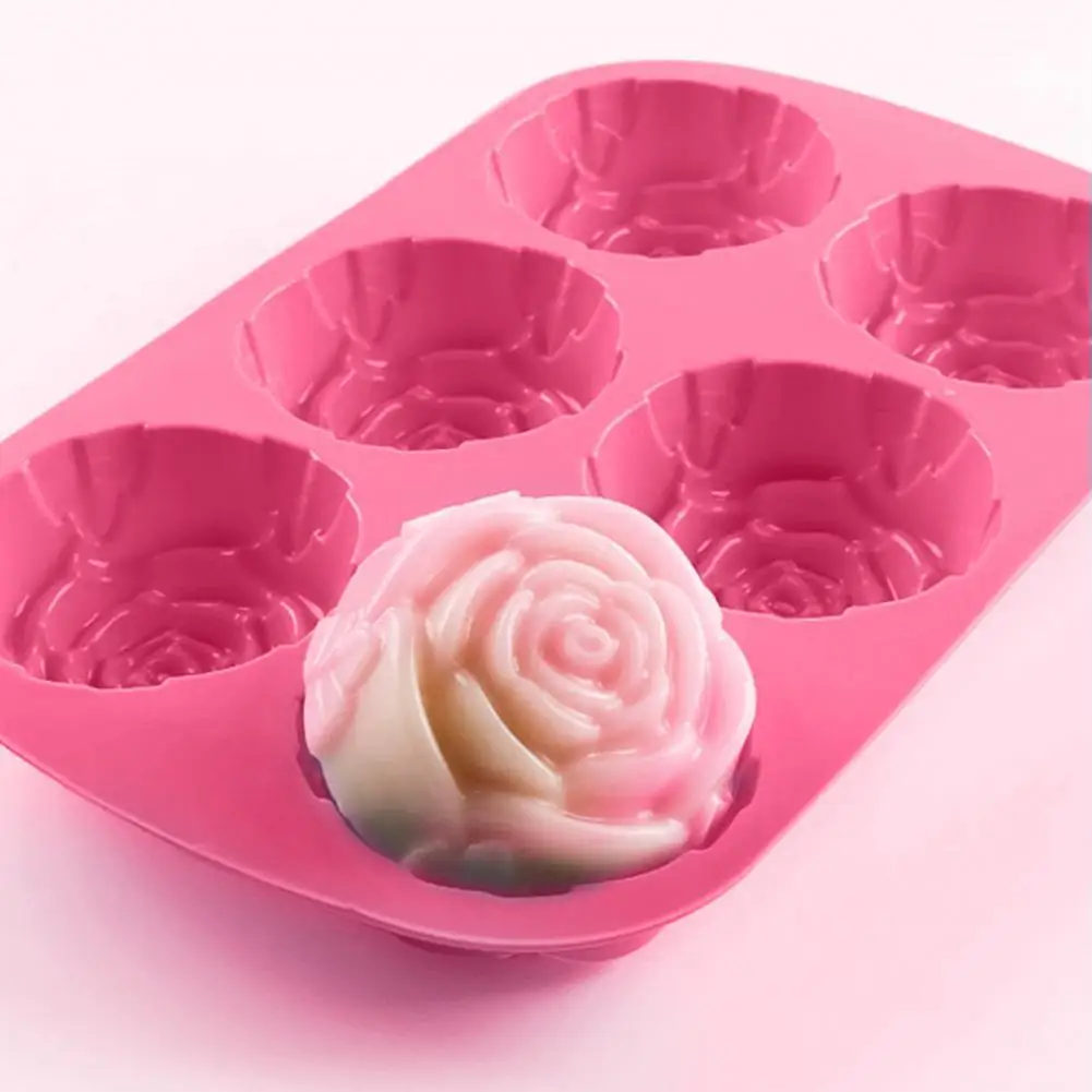 1pcs Cake Mold 3D Reusable 6-Cavity Non-stick Rose Flower Shape Fondant Mould for Kitchen Fondant Heat Resistant Silicone Tools