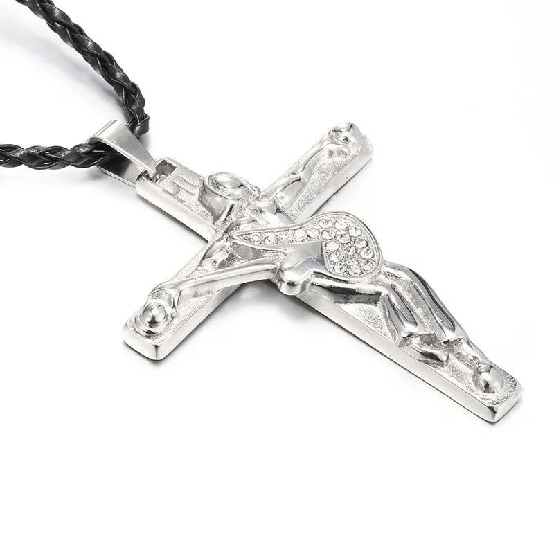 New Fashion Personality Drape Necklace for Men's Cross Jesus Guitar Rhinestone Pendant Necklace Jewelry