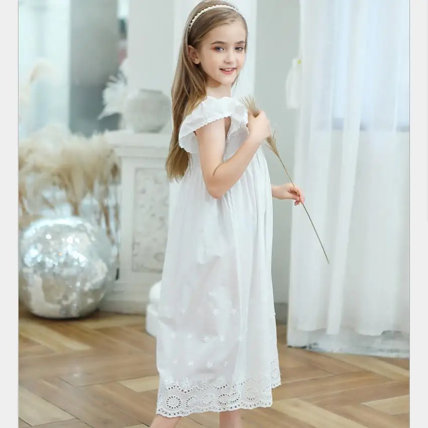 Summer new 100% cotton embroidery nightgowns  girls Square Collar Cutout sleep dress kids homeclothes 3-12Y ws1707