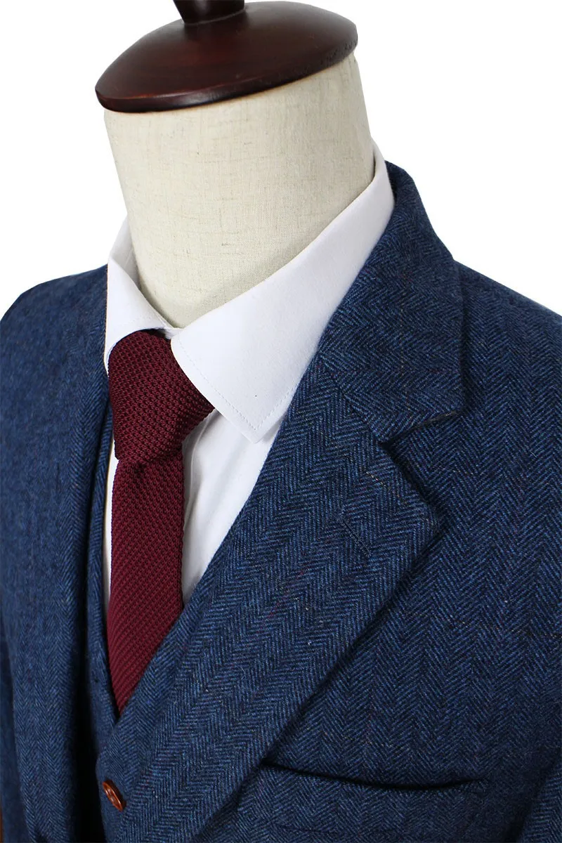 Lã azul herringbone tweed feito sob encomenda ternos masculinos alfaiate terno blazer ternos para homem 3 peça (jaqueta + calças + colete) traje