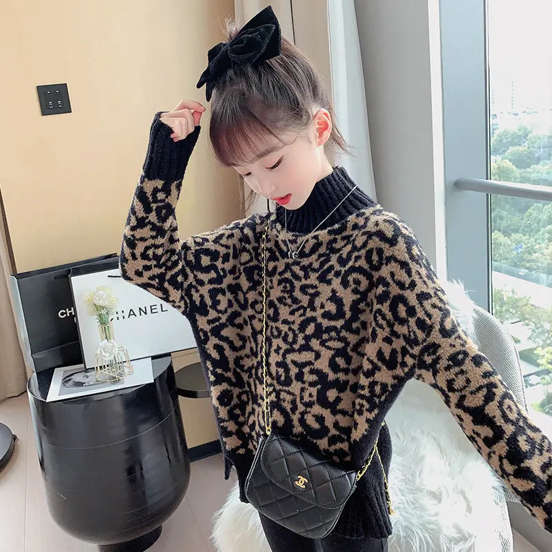 Baby Girls Leopard Print Turtleneck Sweater New Autumn Winter Korean Style Loose Kintwear Clothes Top for Kids 6 8 10 12 13Years