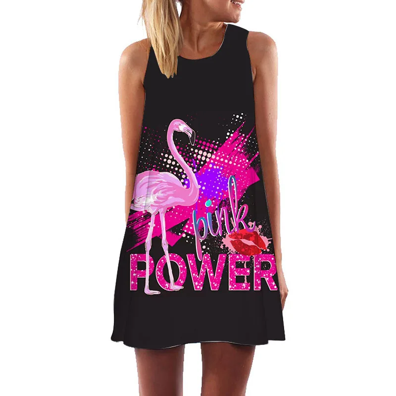 Flamingo 3D Digital Printing O-Neck Slim Mini Dress Casual Beach Holiday Women Dress Elegant Lady Wear